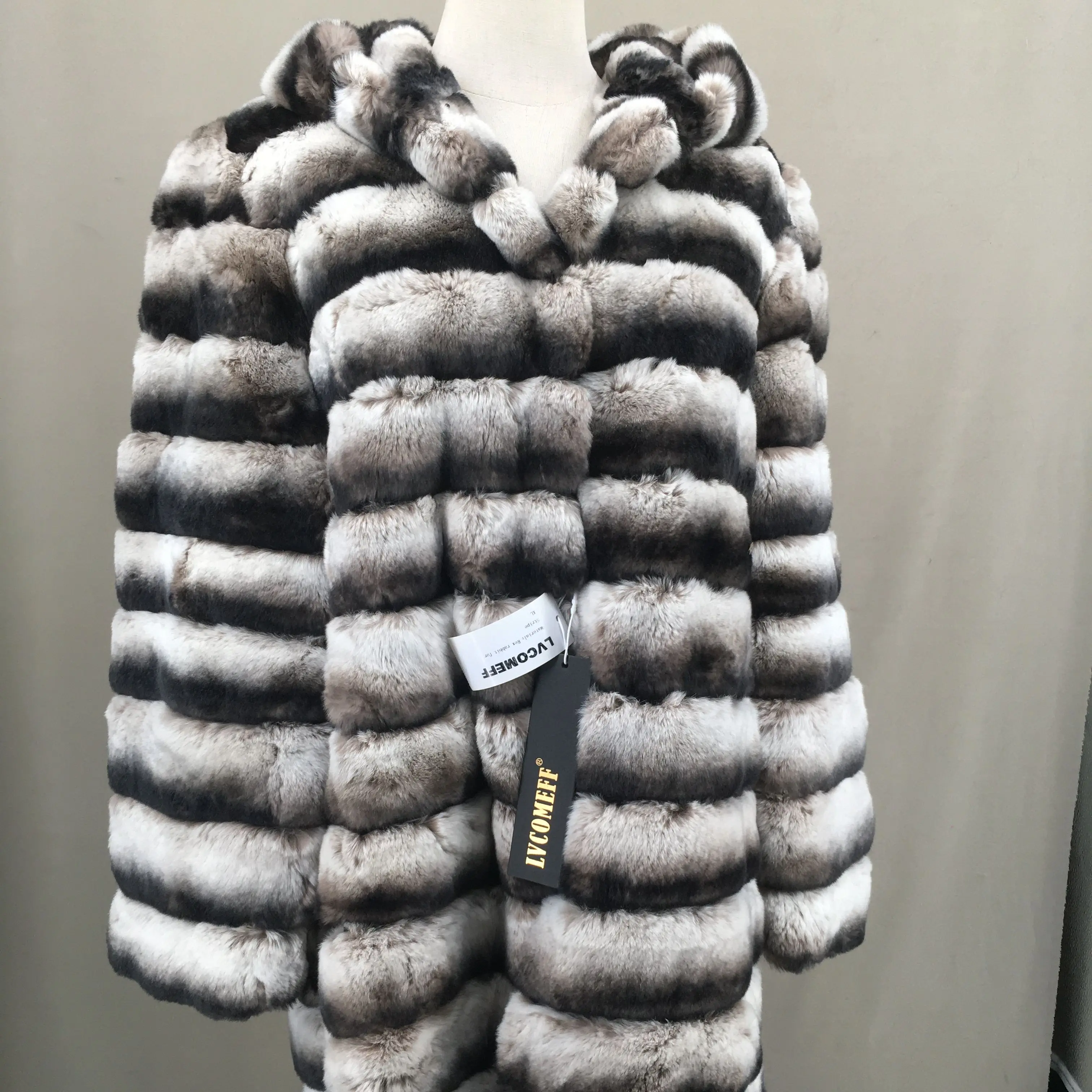 

striped rex rabbit fur chinchilla long coat with hood 1907010