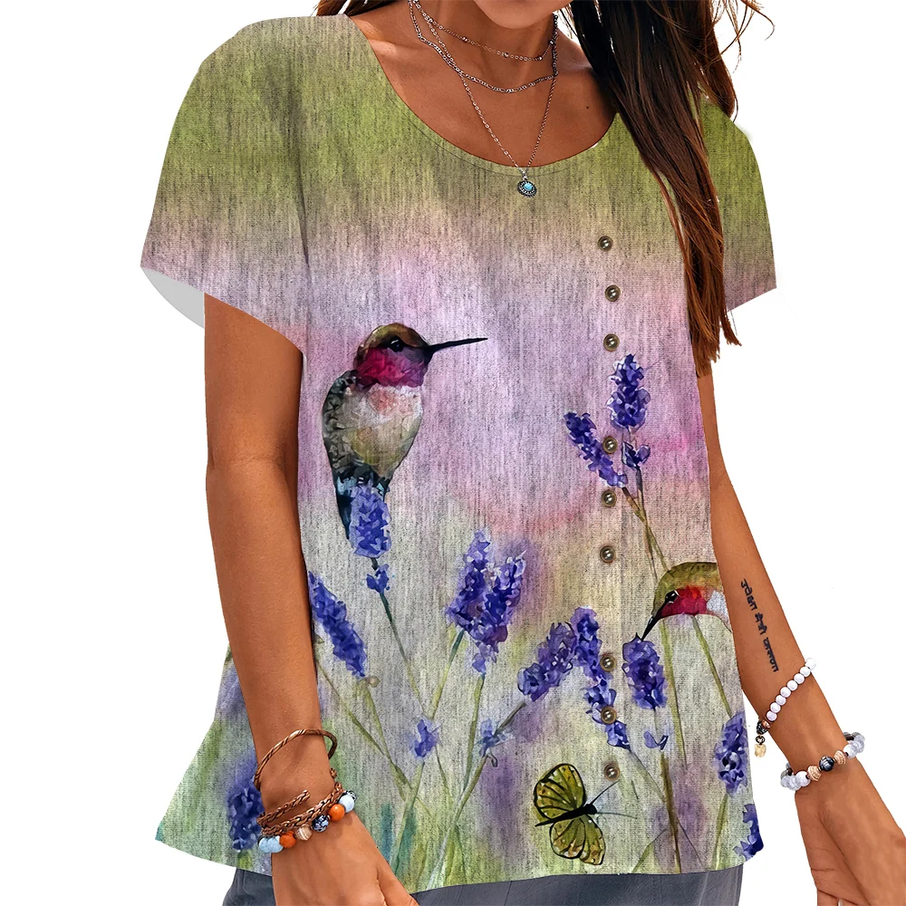 

CLOOCL Women T-shirt Lavender and Bird 3D Graphics Printed Tees Button Decorate Loose Short Sleeve Female Casual Cozy Tops