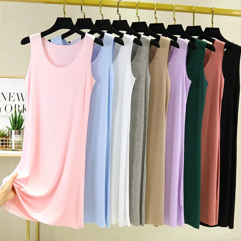 Seamless Sleeveless Full Slips Dresses For Women Summer Plus Size Thin Ice Silk Petticoat Underskirt Sleepwear Nightdress Women