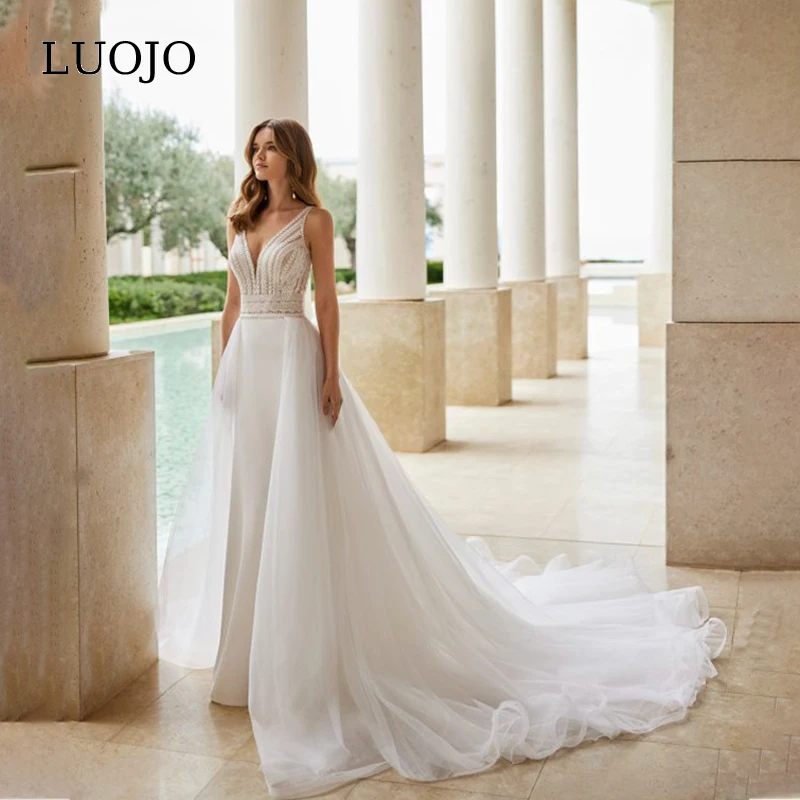 

LUOJO Vestidos De Novia Detachable 2 in 1 Wedding Dress Mermaid V-neck Sleeves Tea-length Tulle Bridal Gown Custom For 2022Women