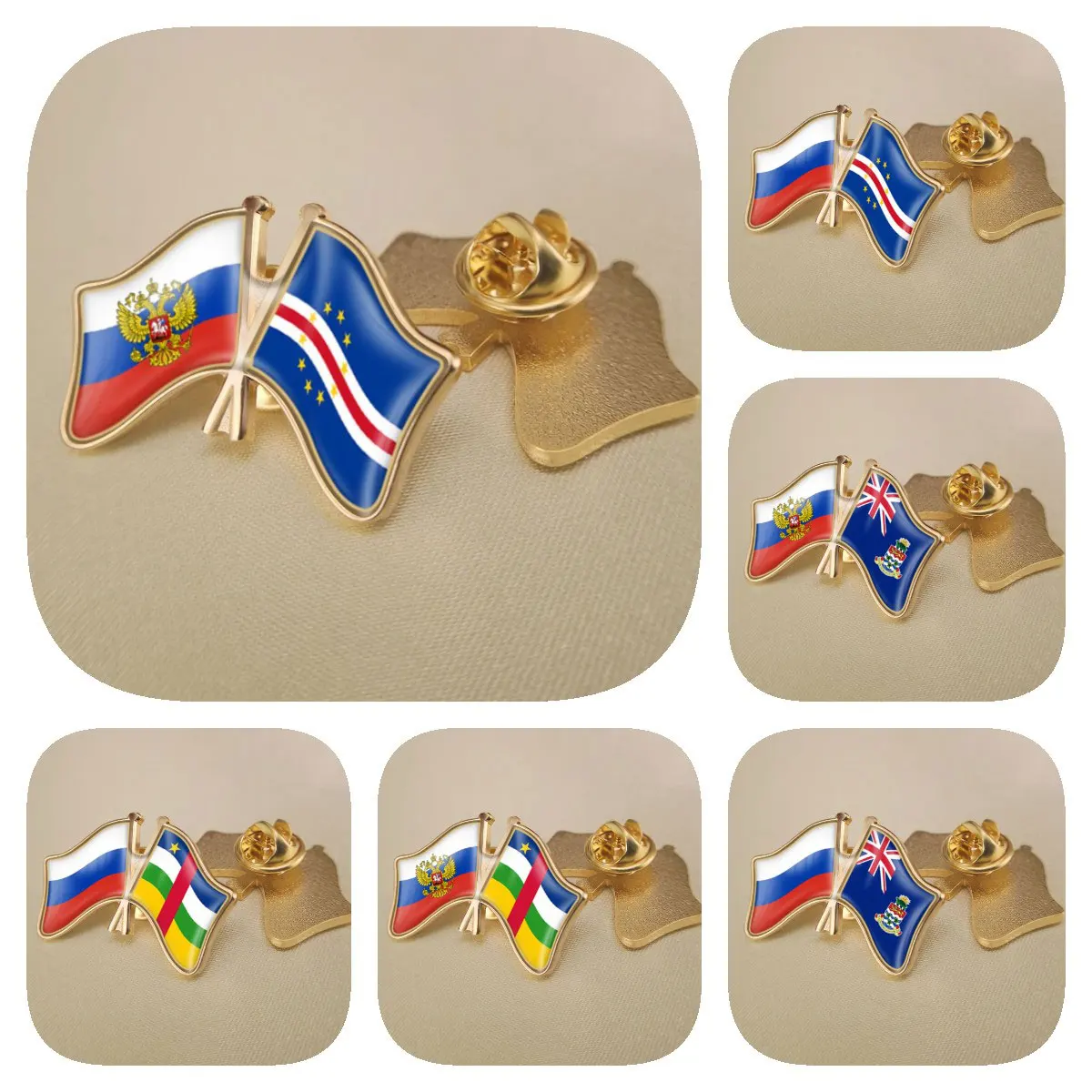 

Russian Federation and Cape Verde Cayman Islands Central African Republic Crossed Friendship Flags Brooches Lapel Pins Badges