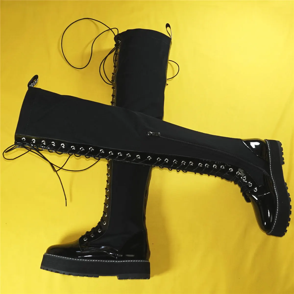 Thigh High Fashion Sneakers Women Lace Up Patent Leather Over The Knee Boots Female Stretch Fabric Platform Pumps Casual Shoes