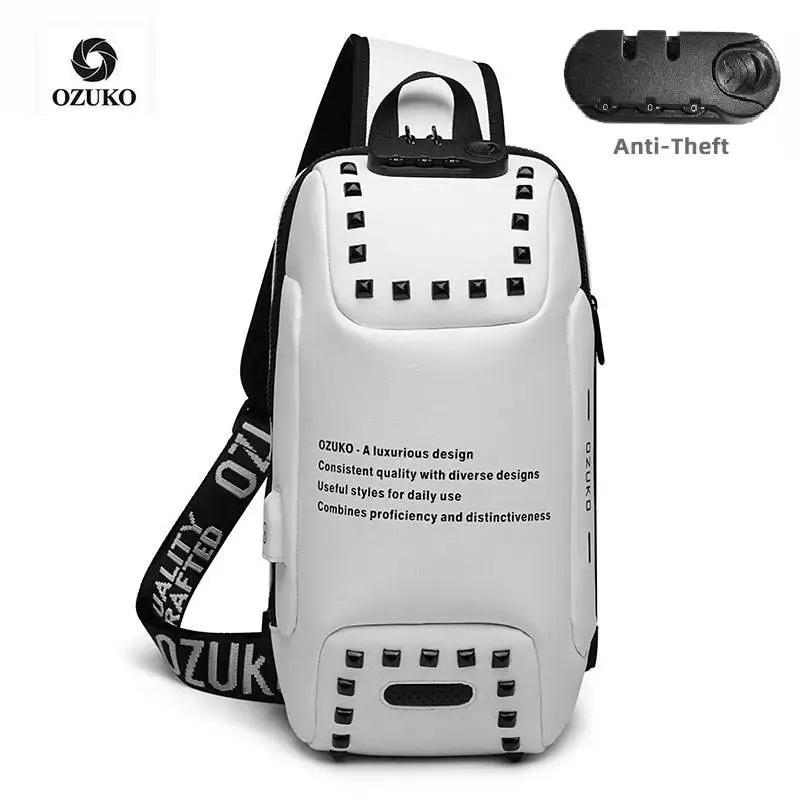 

OZUKO Rivet Shoulder Bag for Men Anti Theft Waterproof USB Charging Messenger Crossbody Bag Male Chest Pack Sling Bags Fashion