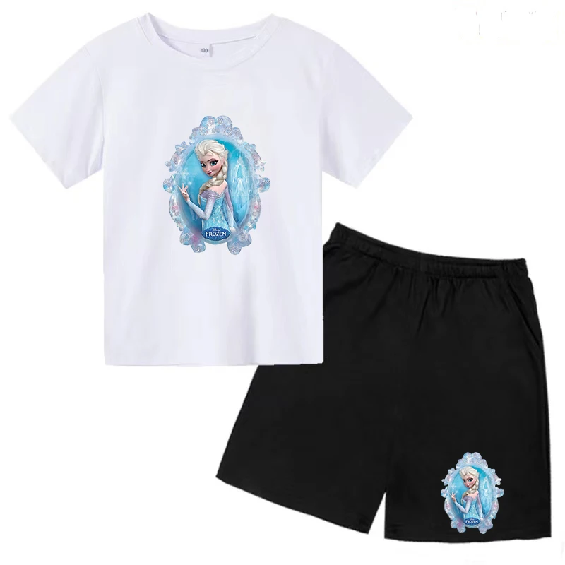 Casual T-shirt Children's Summer Sportswear Disney Ice Anna Elsa Olaf Girl Charming Pretty Girl Short Sleeve Shirt + Shorts Suit