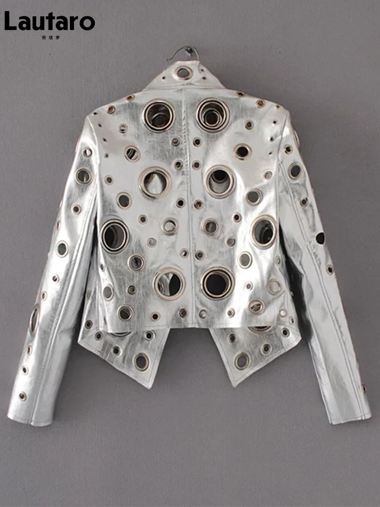 Lautaro Runway Cut Out Short Faux Leather Jacket Golden Rivet Cool Stylish Designer Clothes Women European American Fashion 2022