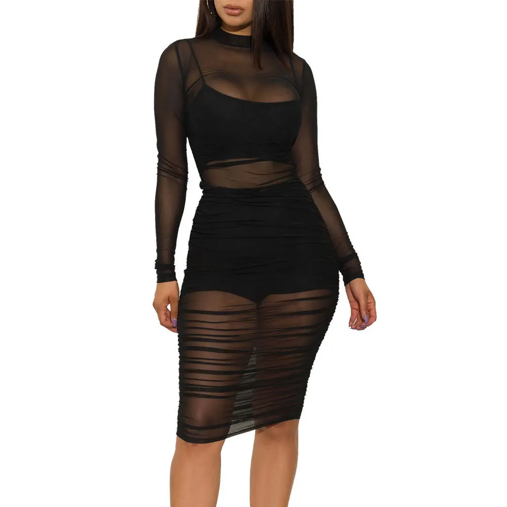 

Sexy Transparent 3 Piece Set Women Turtleneck Long Sleeve Ruched Mesh Dress + Straped Crop Top + Bodycon Shorts Club Outfits