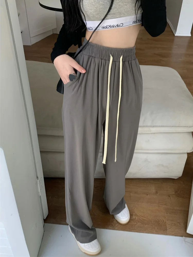 

High Waist Casual Sweatpants Women Summer Thin Loose Student Wide Leg Pants Fashion Grey Pockets Straight Trousers New