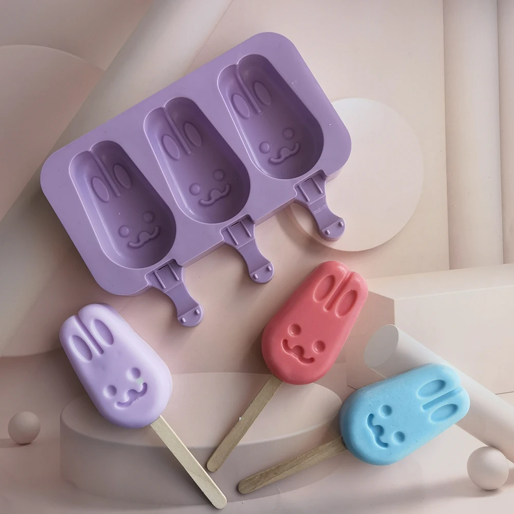 

3 Even Rabbit Cartoon Silicone Ice Cream Mold Ice Popsicle Making Reusable DIY Ice Cube Tool Tray Dessert Mold