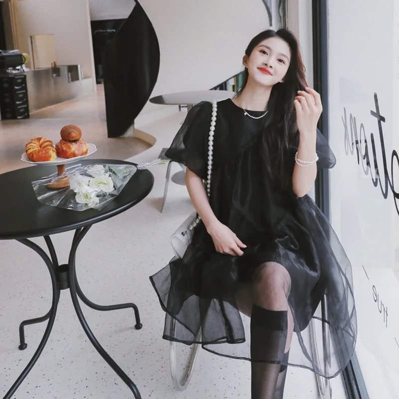 

SuperAen 2022 Summer Organza Woven Lace Fluffy O-Neck Puff Sleeve A-LINE Casual Dresses for Women