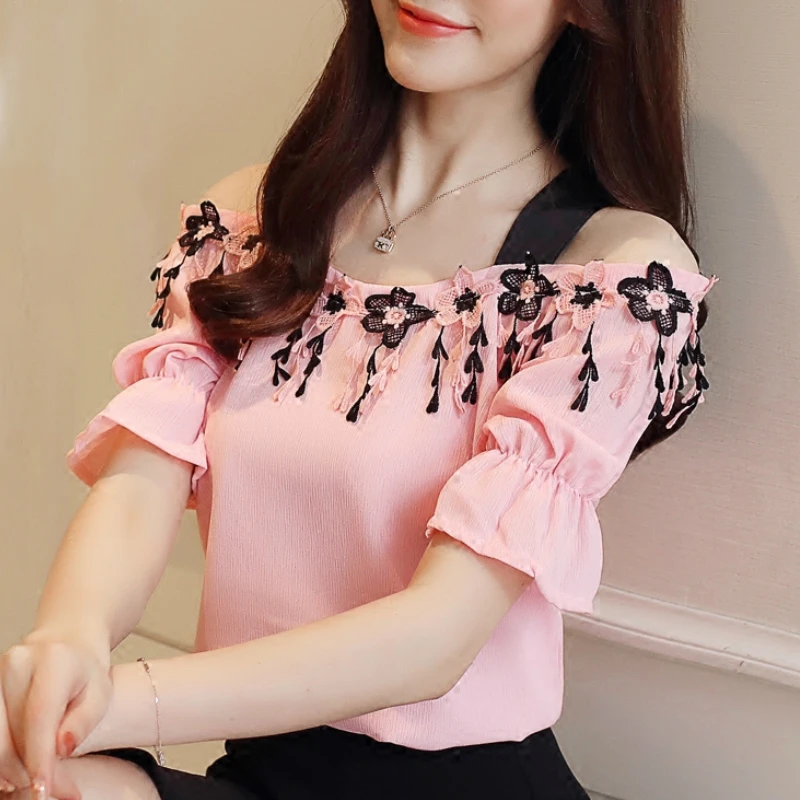 Женская шифоновая блузка топ с открытыми плечами и вырезом-лодочкой коротким