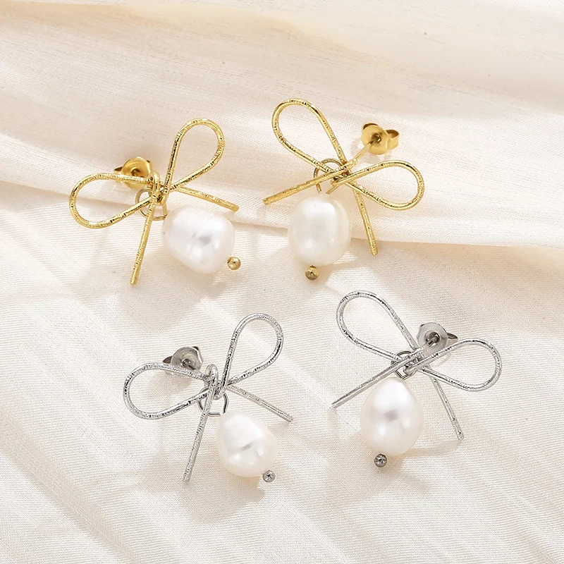 

New Stainless Steel Bowknot Stud Earrings Imitation Pearls Dangle Earrings For Women Ear Elegant French Jewelry Wholesale