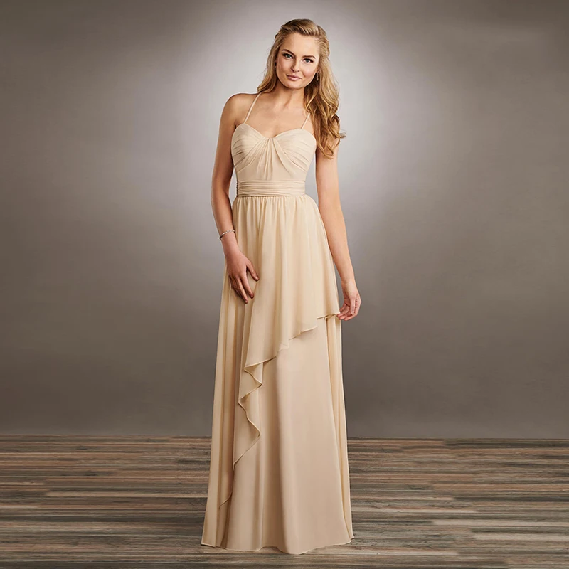 

Luxury Floor Length A-line Custom-made Size Spaghetti Straps Ruffle Yellow Chiffon Wedding Party Prom Bridesmaid Dress
