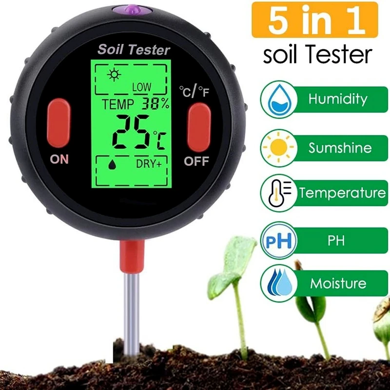 New 5 In 1 Soil Test Pen Soil Tester Soil PH Meter Soil PH Temperature Light Tester for Plants & Flowers Gardening Tools 48%off