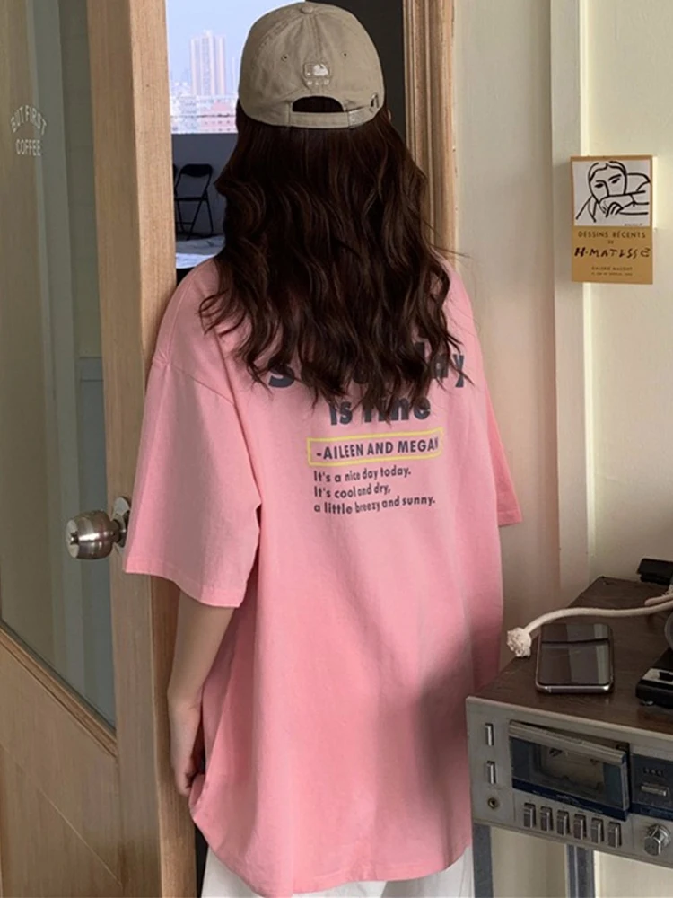 

Футболка женская оверсайз с коротким рукавом, простая уличная одежда с надписью, рубашка в стиле бойфренд Харадзюку, розовый синий топ, лето...
