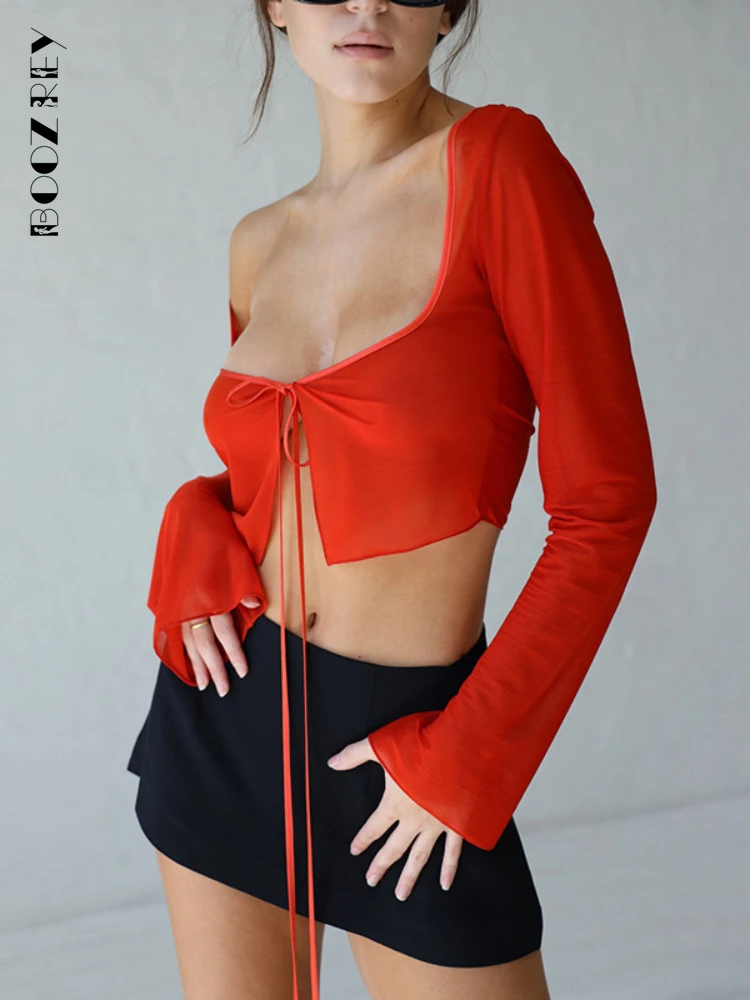 

Сексуальный прозрачный однотонный сетчатый укороченный топ BoozRey с квадратным вырезом и длинным рукавом, летние Клубные рубашки для девочек...