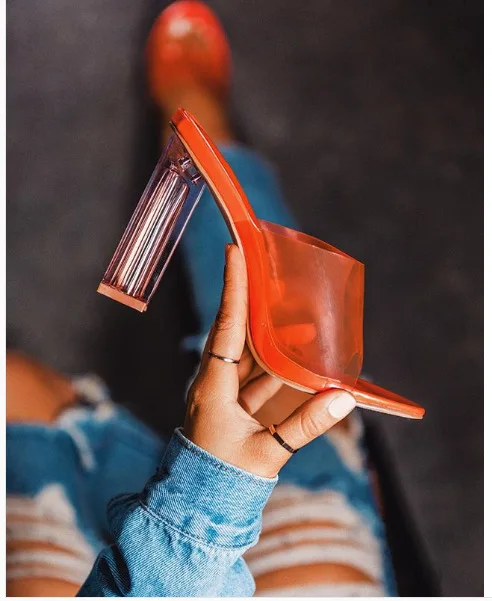 2022 New Fashion PVC Jelly Sandals Crystal Open Toed Sexy Thin Heels Women Transparent Slippers Pumps Outside 40 41 42