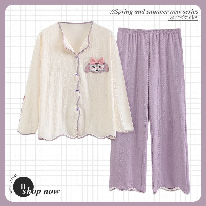 2023 Women's Pajamas Spring Autumn New Long Sleeve Pants Cardigan Lapel Covered Cartoon Simple Cotton Large Size Homewear Set