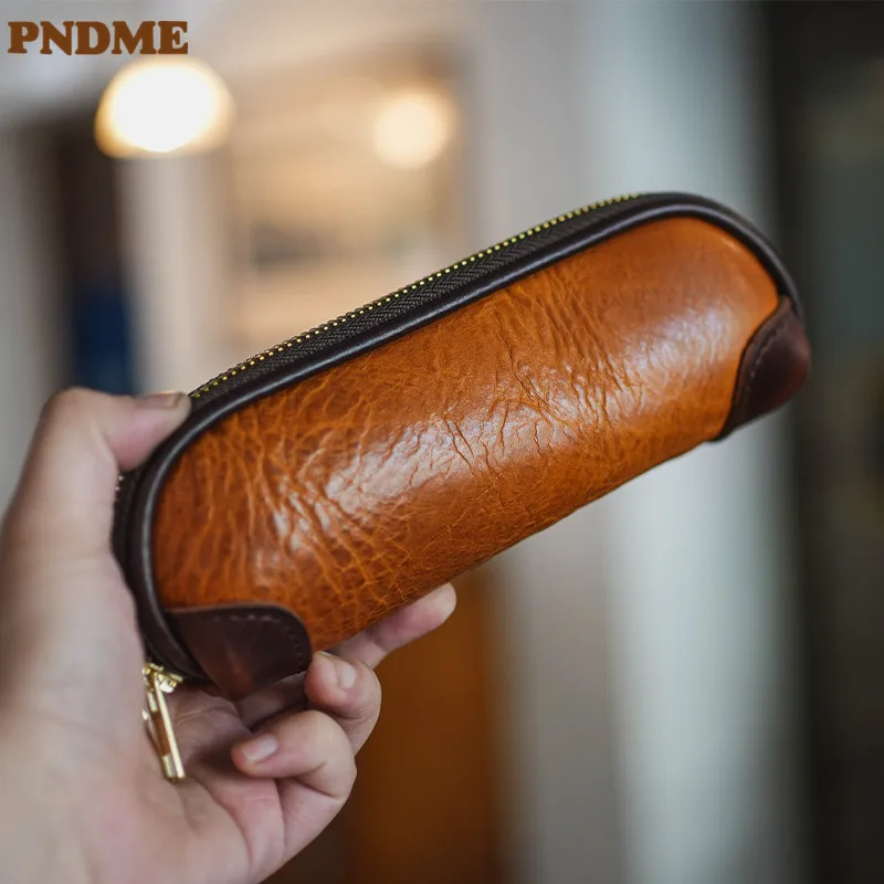 Simple vintage high quality natural genuine leather men women trumpet clutch bag pen bag luxury real cowhide ladies cosmetic bag