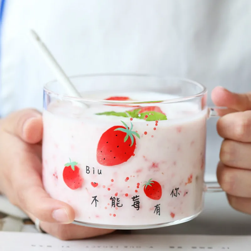 

Cute Strawberry Glass Cup with Straw Women Mugs Beer Breakfast Coffee Milk Tea Wine Glasses Cup Transparent Water Drinkware