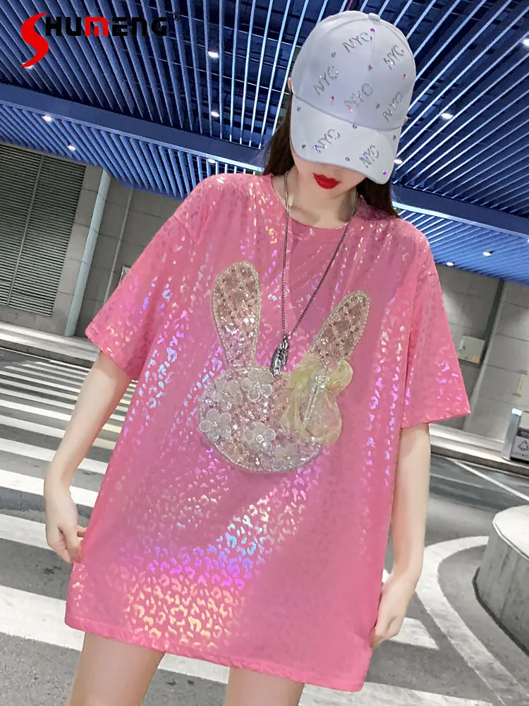 

European and American High Street Pink Short Sleeve T-shirt Women's Loose Summer 2023 New All-matching Mid-Length Top