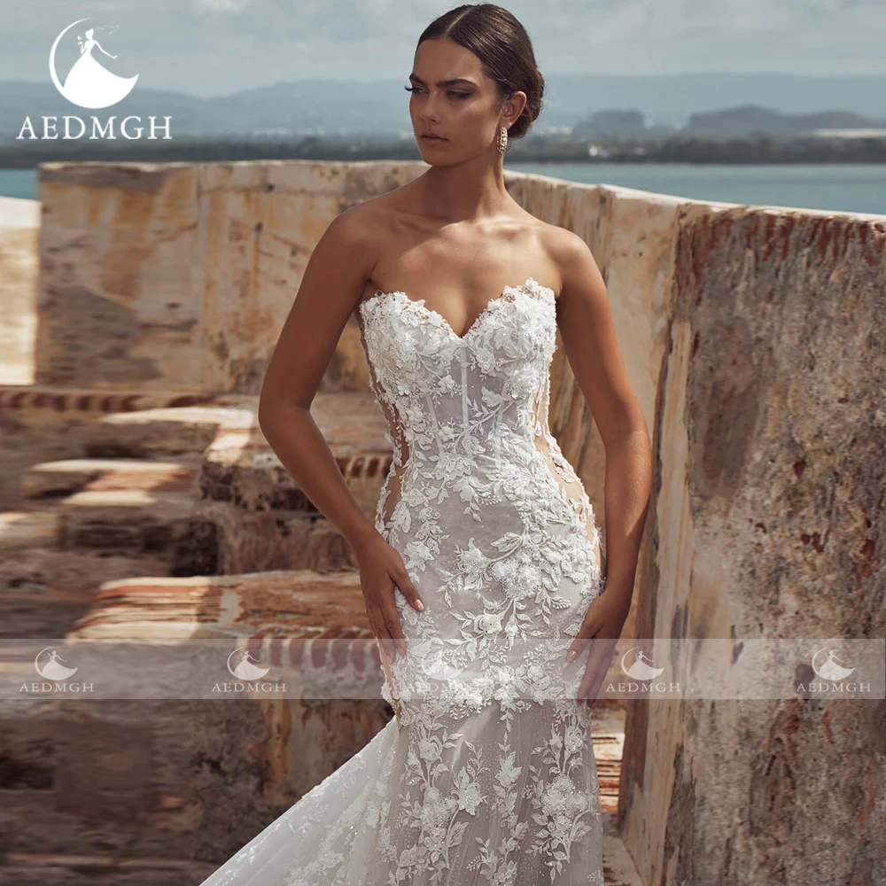 Фото Aedmgh Русалка Винтажные свадебные платья Милая съемная с длинным рукавом Vestido De Novia Аппликации Шикарное свадебное платье на заказ №4