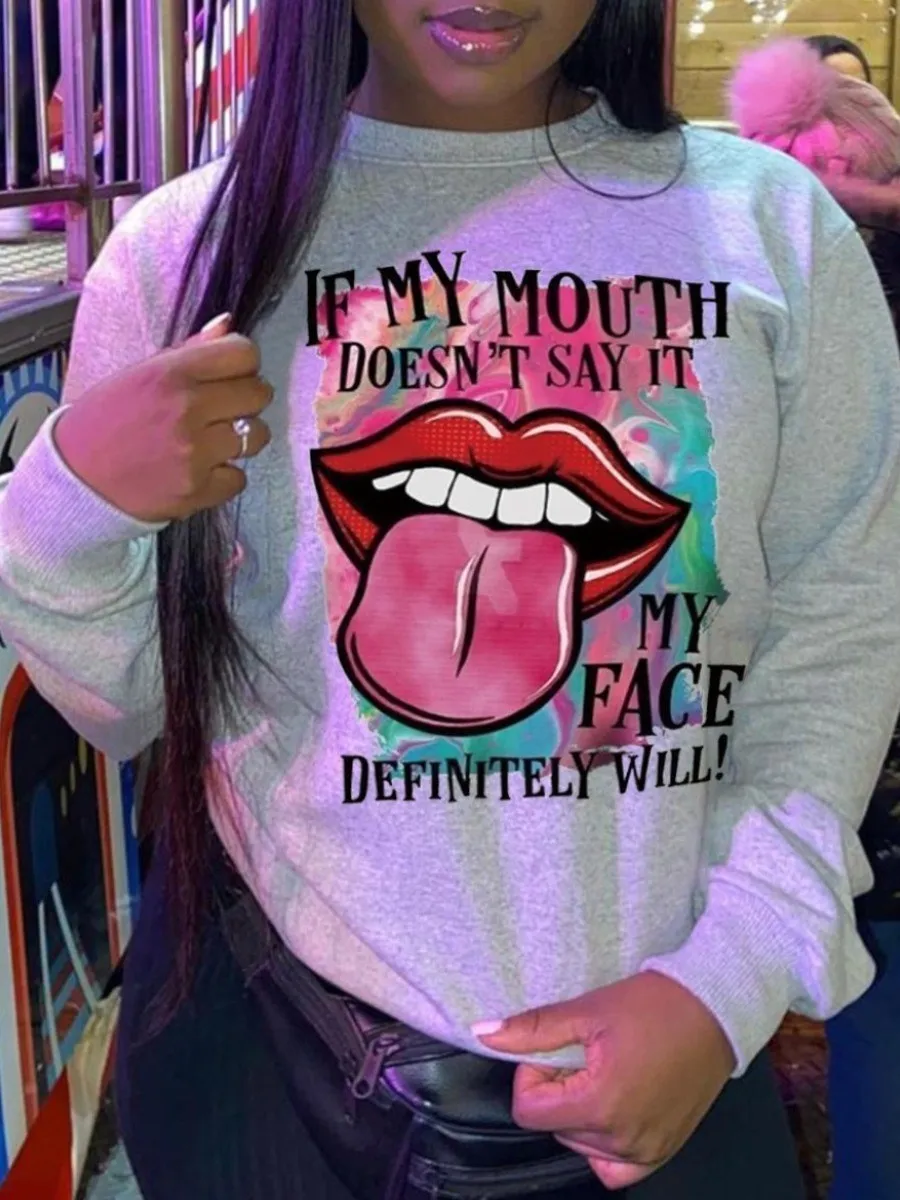 

LW Plus Size Sweatshirt Sexy Red Lip Letter Print Sweatshirt Women Tshirts Fashion Women Casual long Sleeve O-neck T-shirt Tops
