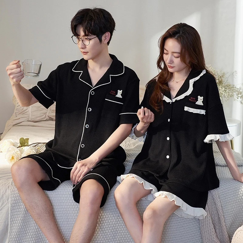 

2022 Summer Couple Sort Sleeve Cotton Pajama Sets for Men Loose Sleepwear Suit Pyjama Women Loune omewear ome Clotes