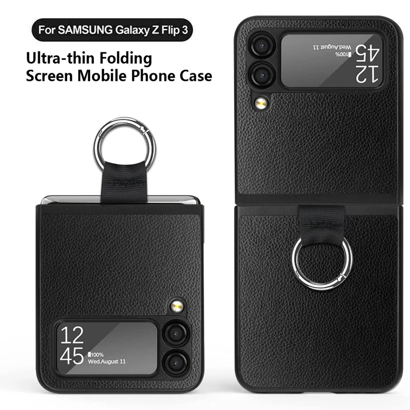 

Fashion Litchi grain Ring case for Samsung Galaxy Z Flip 3 5G Cover Anti-knock luxury leather PU+PC Cases for Flip3 Phone Case