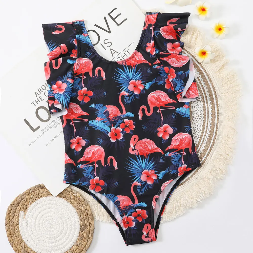 

Girls Tropical&Flamingo Print One Piece Swimsuit Kids Ruffle Trim Bathing Suit Monokini 7-14 Years Children's Swimwear Beachwear