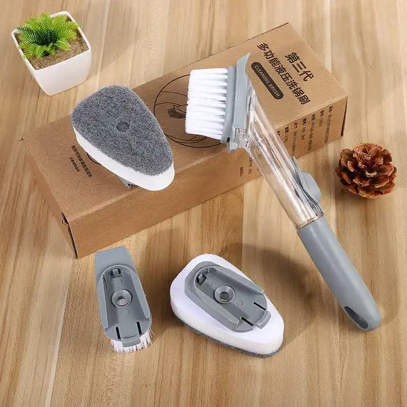 

Kitchen Liquid Soap Dispensing Pot Dishwashing Brushes With Long Handle Adding Push-type Sponge Head Cleaning Tools Gadget