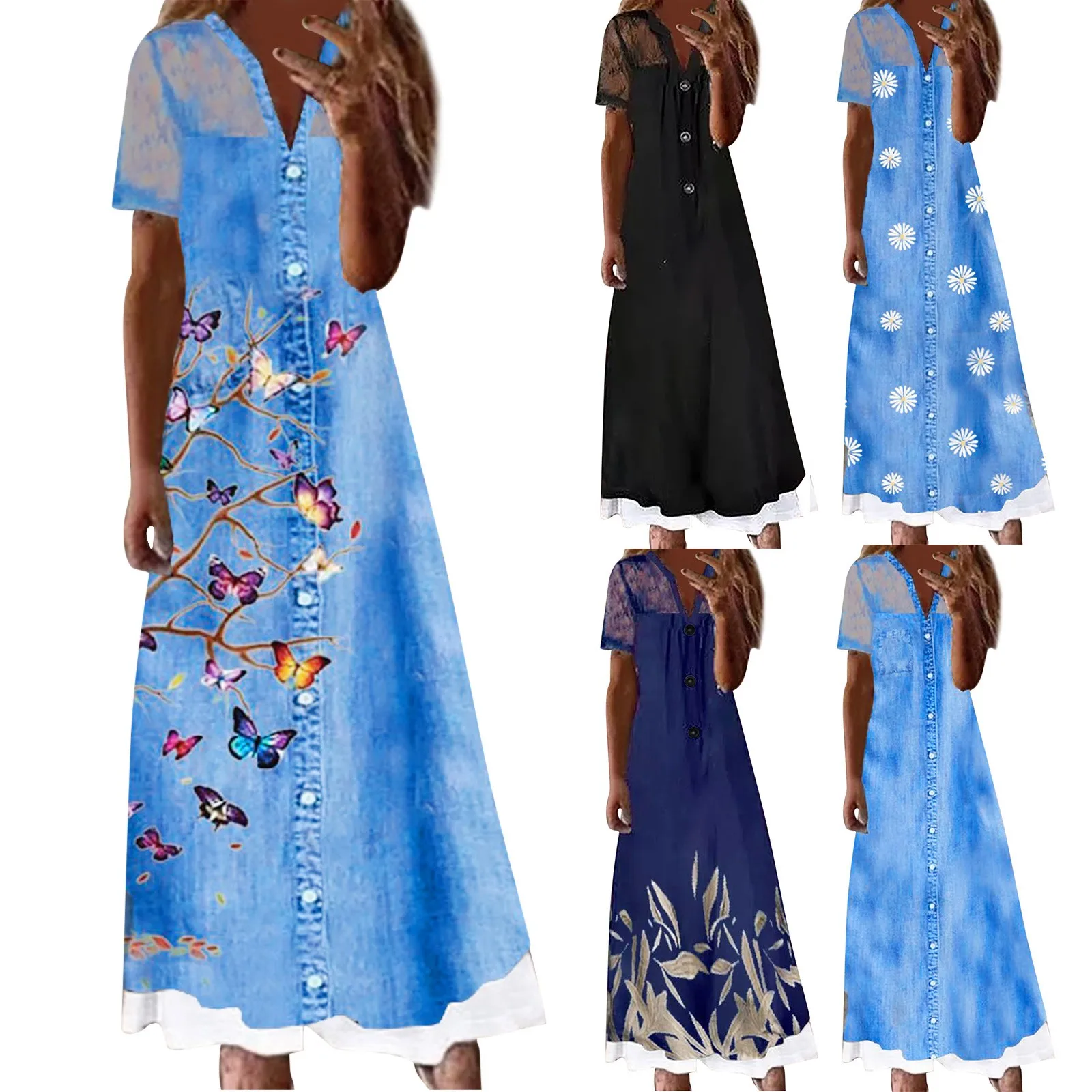 

Women Fashion V Neck Short Sleeve Lace Patchwork Buttons Pocket Long Length Denim Dress