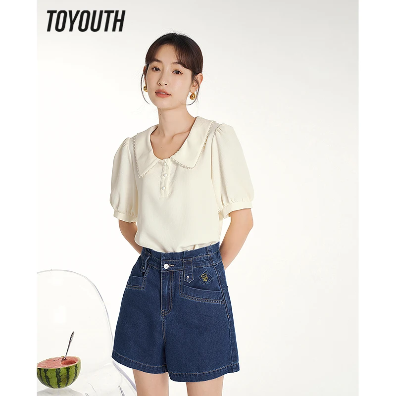 

Toyouth Women Blouse 2023 Summer Puff Sleeves Pearl Lapel with Buttons Slim Shirts Cream Yellow Texture Fabric Elegant Tops