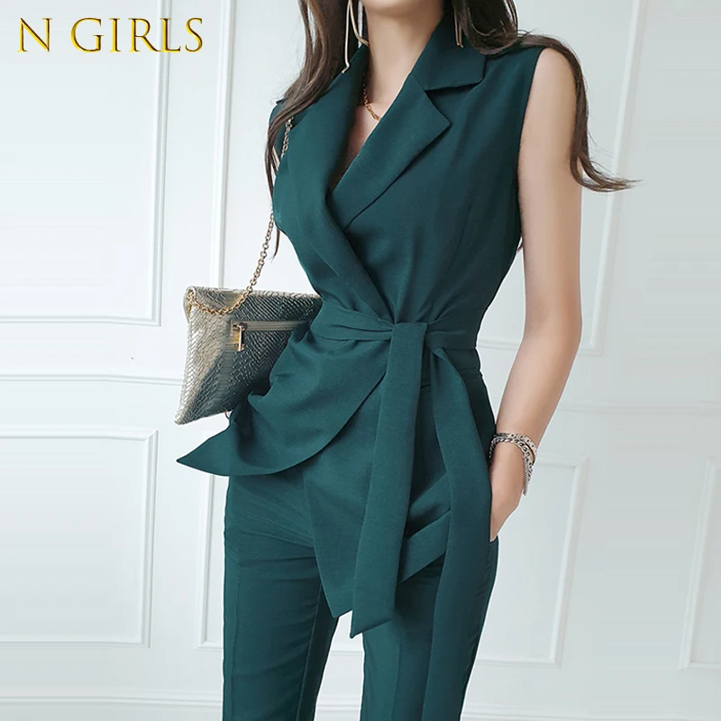 Summer Office Lady Two-piece Sets Korean Style Elegant Lace-Up Suit Jacket Vest Top + Fashion Slim Women's Pants Suits 2022 New