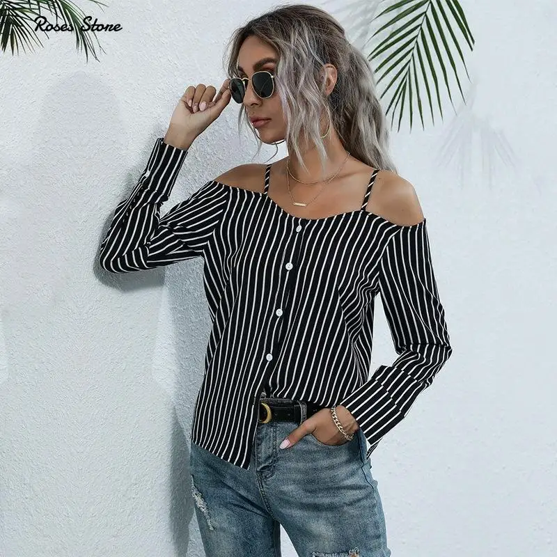 

2022 New Arrival Striped Long Sleeve Chiffon Shirts Women Blouses Off The Shoulder Casual Tops Spring Sexy Clothing Dropshing
