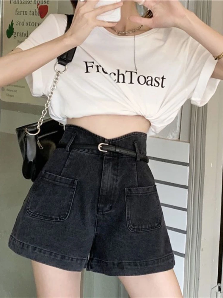 Deeptown Vintage Streetwear Blue Jean Shorts Women Korean Fashion High Waist Denim Short Pants Baggy Straight Wide Leg Trousers