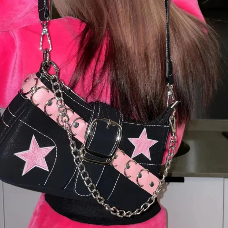 

Японская модная крутая джинсовая сумка в стиле Харадзюку, женская сумка розового цвета с металлической цепочкой и звездами, сумка-тоут для подмышек, сумки, сумочки