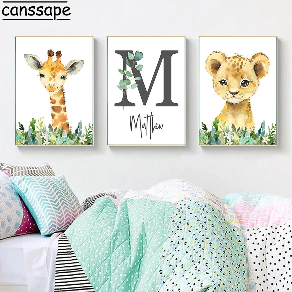 

Woodland Animals Canvas Painting Custom Boy Name Poster Elephant Lion Giraffe Art Print Nursery Wall Art Picture Kids Room Decor