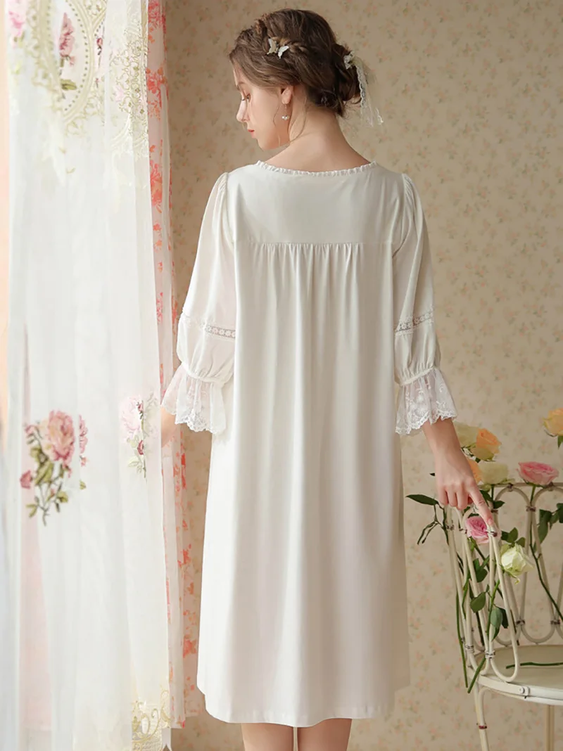 Women Pure Cotton Lace Ruffles Princess Nightgowns Robe V-Neck Long Victorian Romantic Vintage Sleepwear Nightdress Homewear