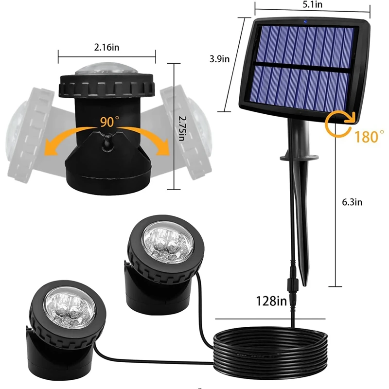 Solar Pond Spotlights LED Underwater Lights With Dual Head Waterproof Submarine Landscape Spotlight Lighting