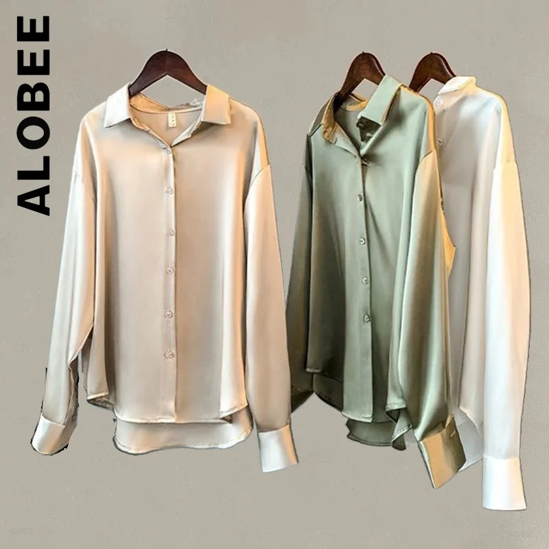 

Alobee New Women Shirt Satin Imitation Silk Shirts Shirts Womens Party Women's Shirt Ladies Friends New Casual Female