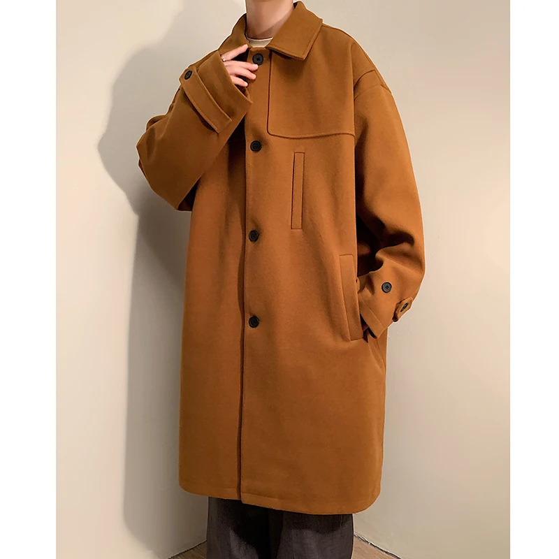 Winter Thick Woolen Coat Men Warm Fashion Oversize Long Woolen Coat Men Korean Loose Thickening Woolen Trench Coat Mens Overcoat