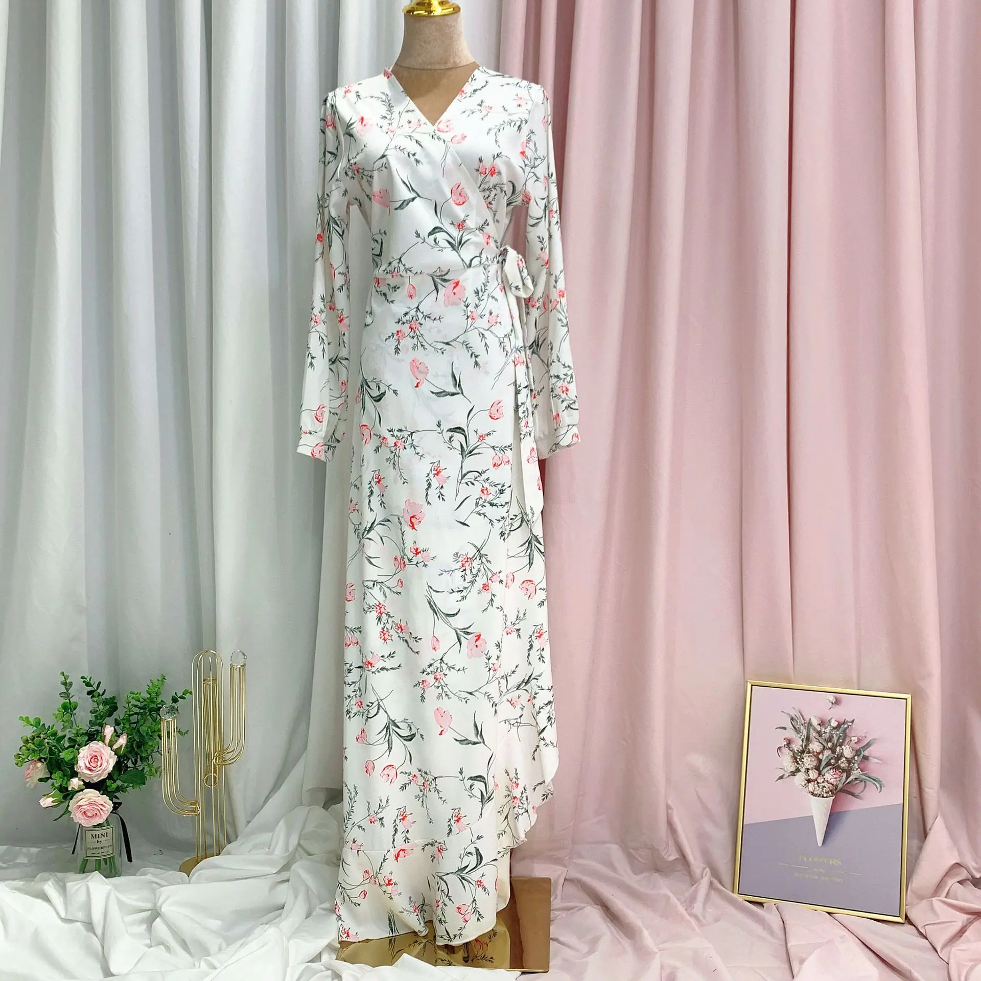 Floral Printed Maxi Dress Women's Caftan Femme NEW 2022 Abaya Dubai Hijab Muslim Wrap Dresses Turkey Islam Kaftan Robe Musulmane