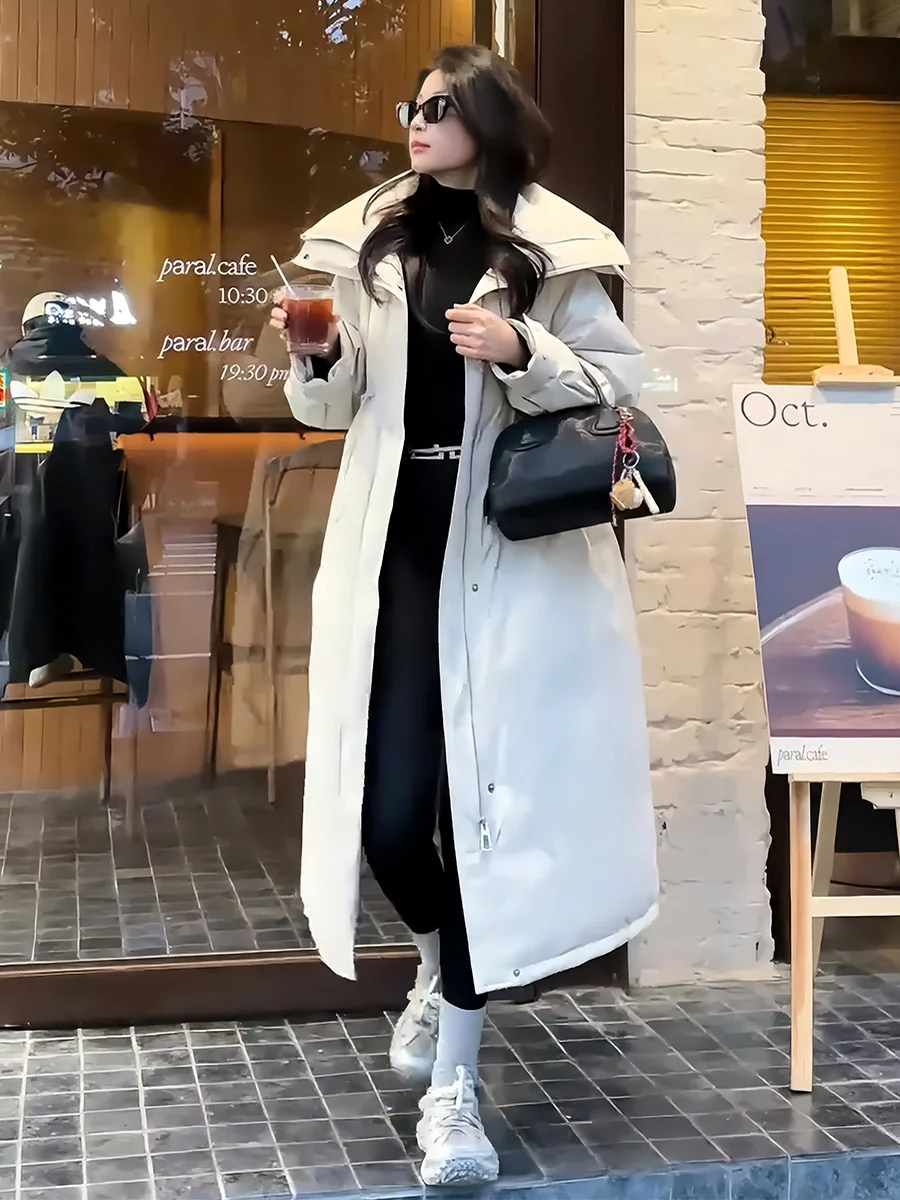 2024 Winter New Fashion Light Luxury Advanced Drawstring Hood Design Long 90 White Duck Down Down jacket Outerwear Women