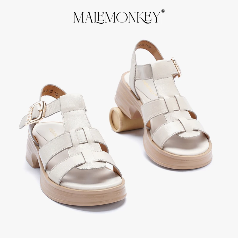 High Quality Platform Roman Sandals Women Leather 2023 Summer Retro Non-slip Sandals Round Toe Chunky Heel Female Shoes Handmade