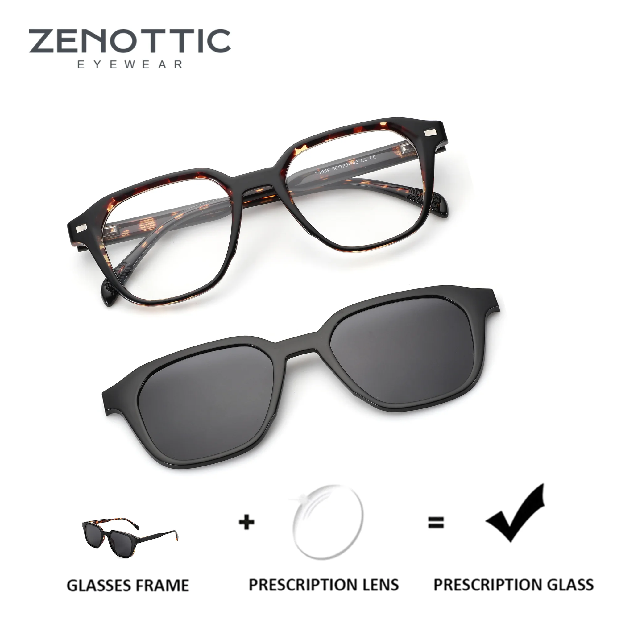 Фото Квадратные очки ZENOTTIC для мужчин, поляризационные солнцезащитные очки с магнитной клипсой, оптические очки для близорукости UV400 №1