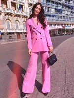 pink blazer and pants suits elegant women office work business long sleeve turndown collar jacket straight capris for ladies