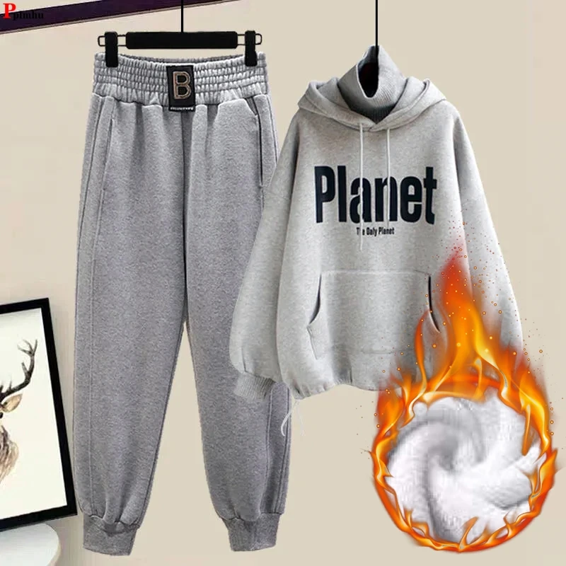 

Winter 2 Pieces Sets Turtleneck Print Thick Tops Conjuntos High Waist Baggy Harem Plush Lined Pant Suits Warm Jogger Outfit