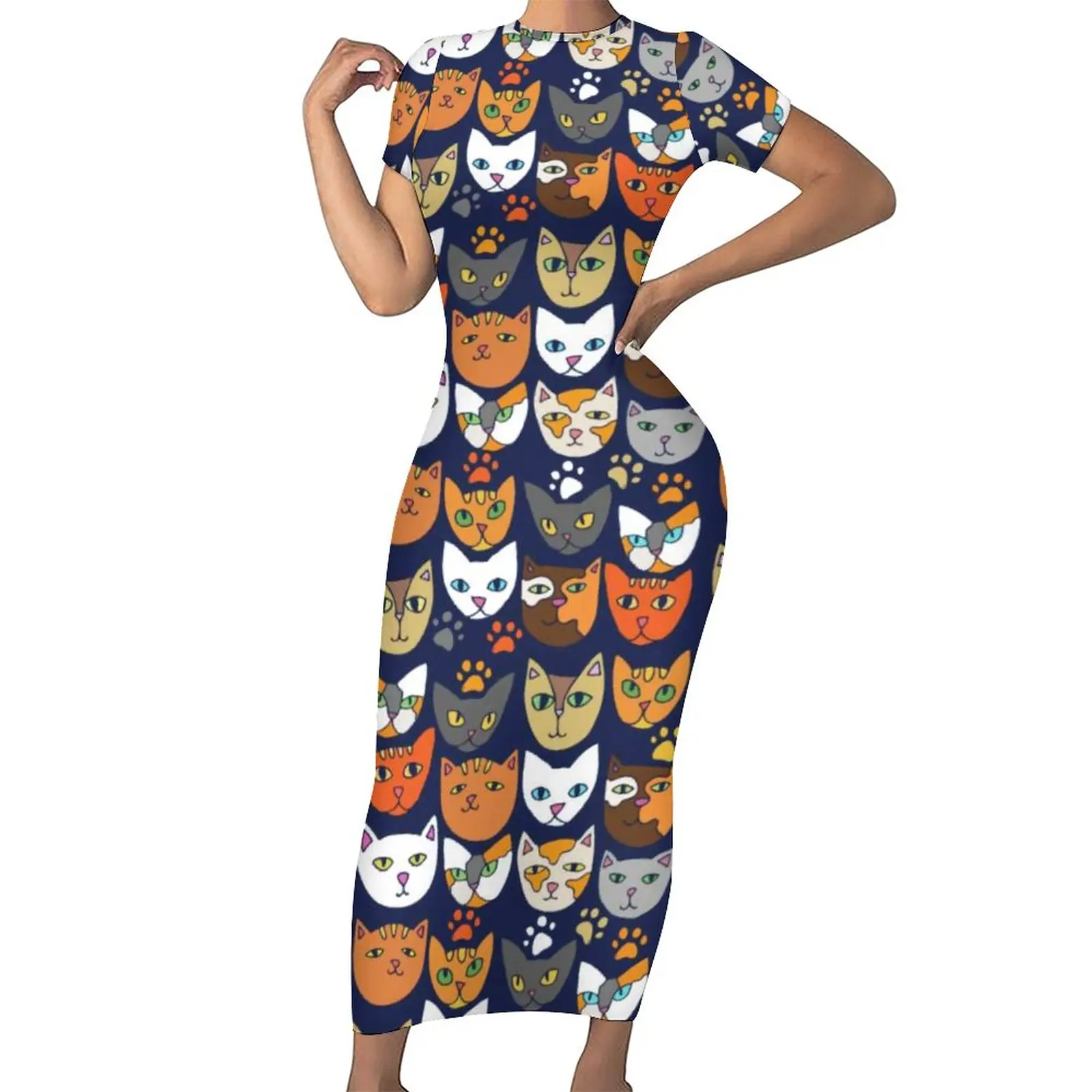 

Everywhere Cat Dress Ladies Funny Animal Pattern Streetwear Bodycon Dress Spring Short Sleeve Sexy Maxi Dresses Big Size Vestido