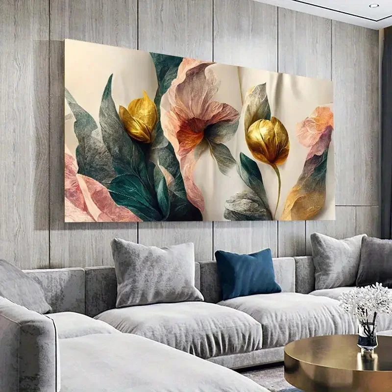 Холст В Стиле Ретро С Золотисто-зелеными И Розовыми Цветами Дизайн Виде Листьев