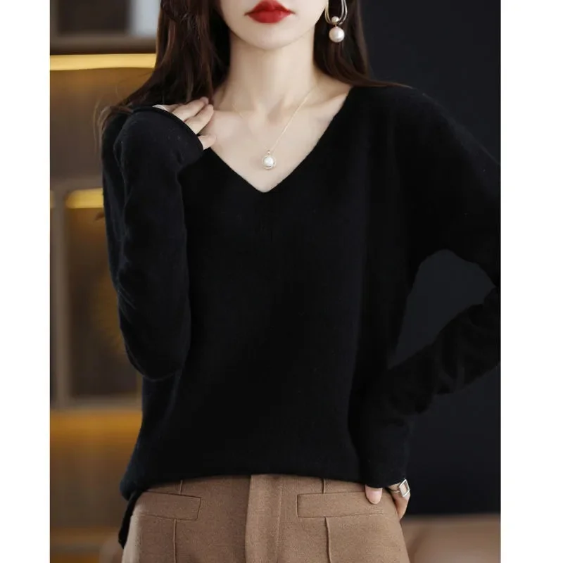 Женские свитера весна-осень 2024 вязаные пуловеры с V-образным вырезом свободная